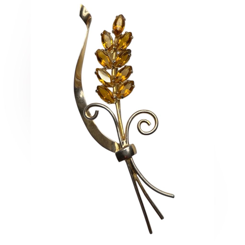 Vintage 50s Coro Gold Over 925 Sterling Wheat Sheaf And Rhinestones Pin Brooch 39$
